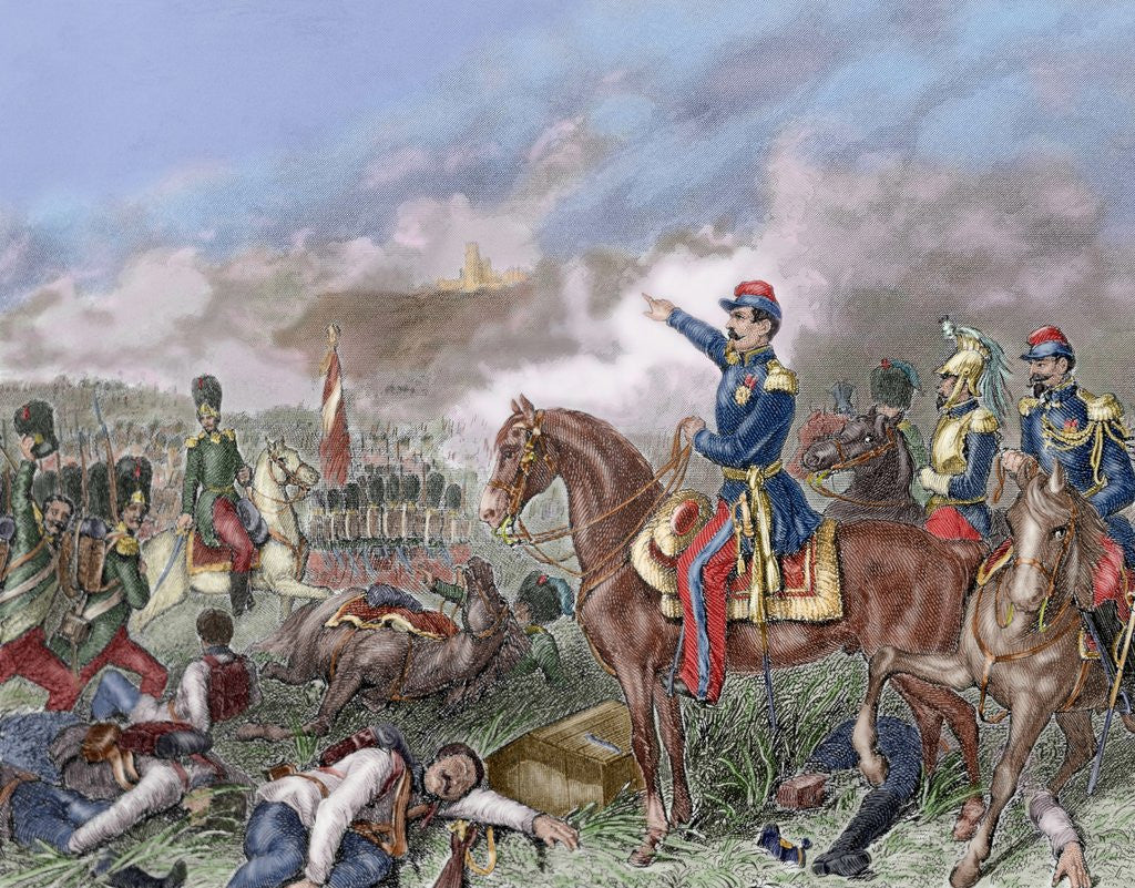 Detail of Napoleon III in the Battle of Solferino (1859). Colored engraving by Corbis