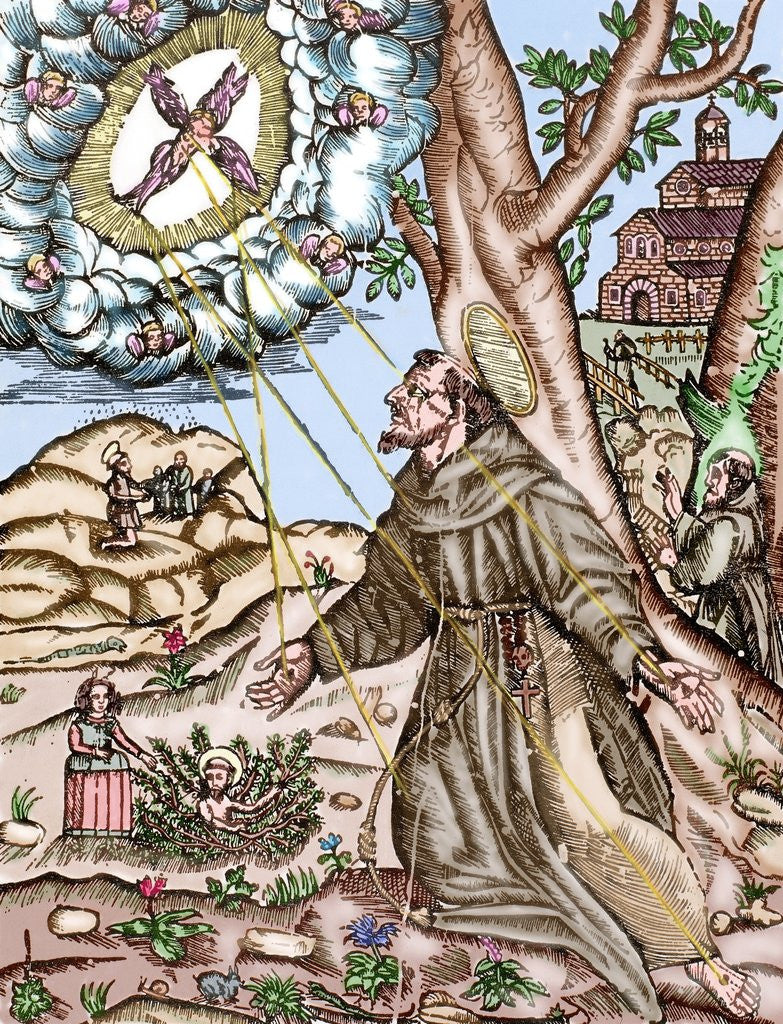 Detail of Saint Francis of Assisi (1181/82-1226) recives the Stigmata. Colored engraving by Anonymous