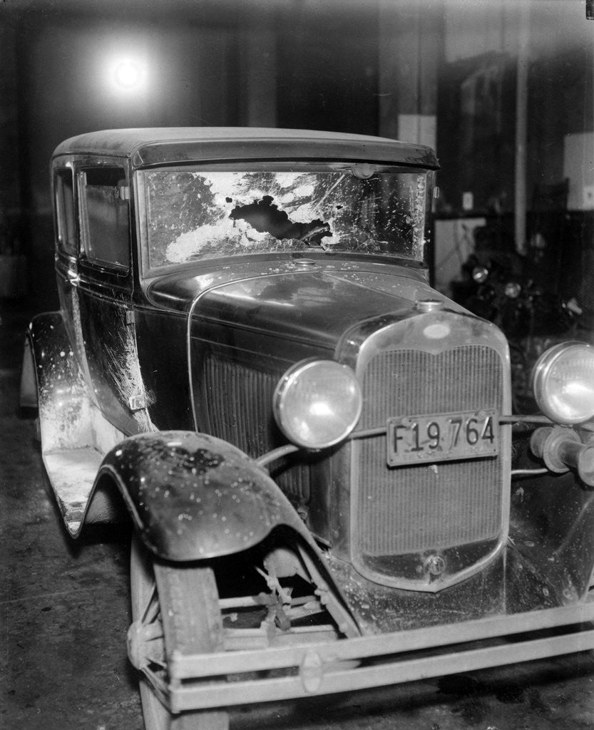 Detail of News photo of bullet-riddled automobile in Chicago, ca. 1934 by Corbis