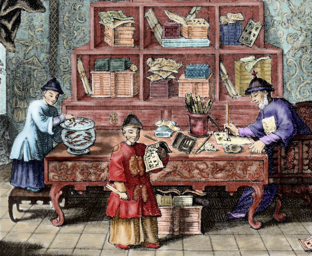Detail of China. School of chinese writing. 19th century engraving by Anonymous