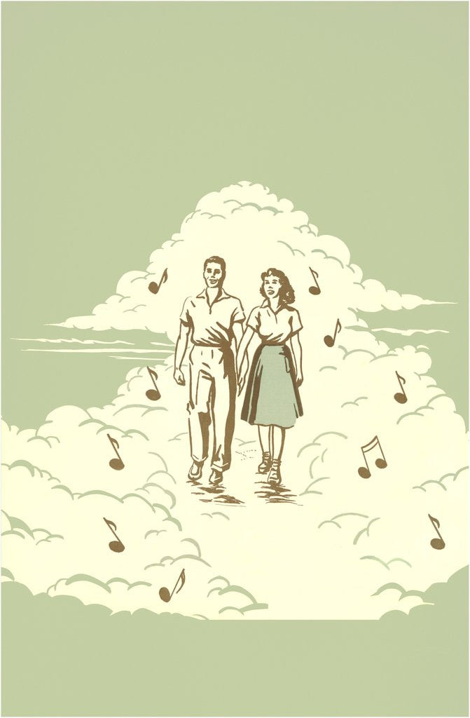 Detail of Couple Strolling on Cloud with Musical Notes by Anonymous