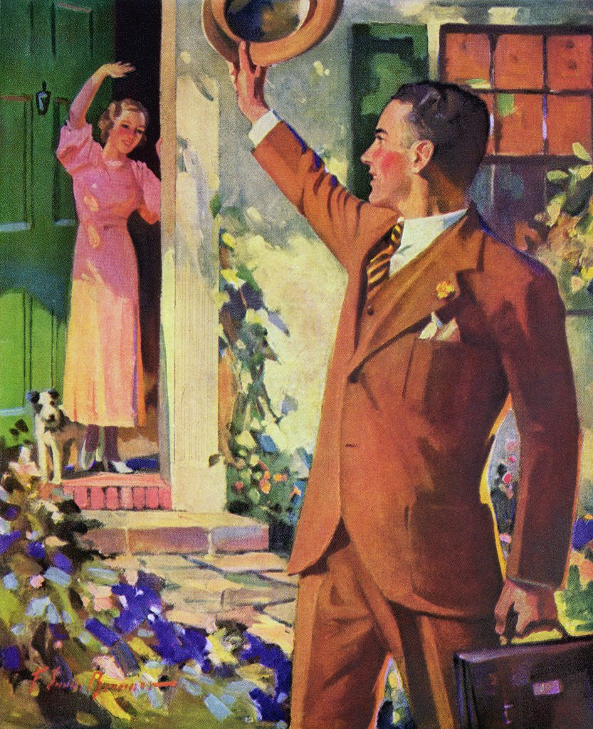 Detail of Businessman Waves Goodbye to His Wife by Anonymous