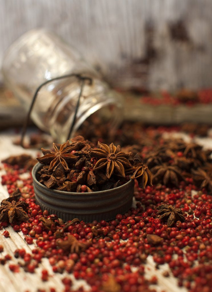 Detail of Star anise and red pepper corns around a rustic mason jar by Anonymous