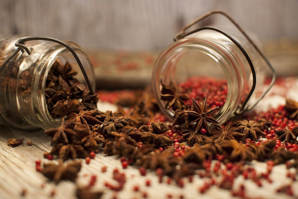 Detail of Star anise and red pepper corns around a rustic mason jar by Anonymous
