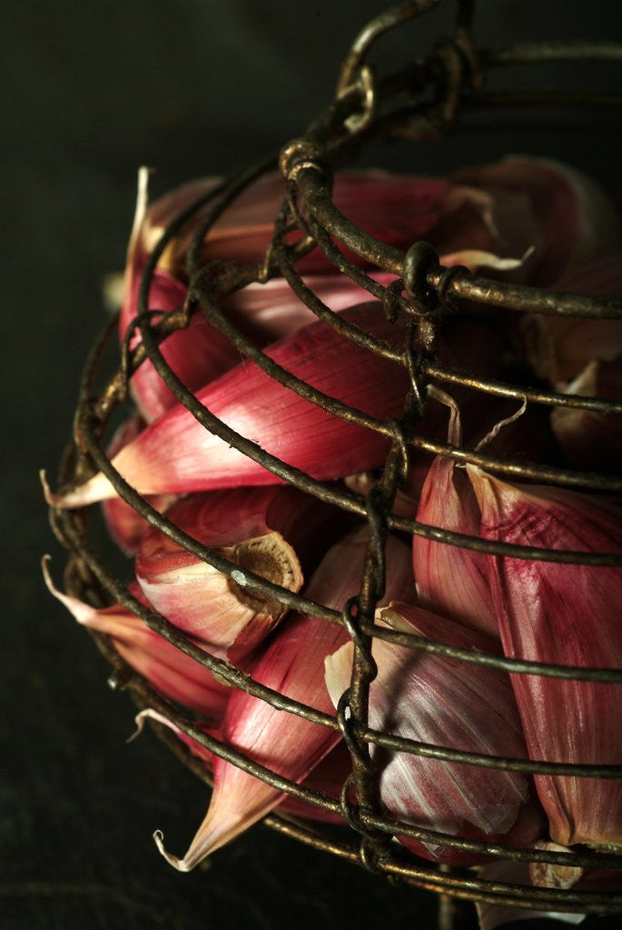 Detail of Garlic cloves in a rustic metal basket by Anonymous