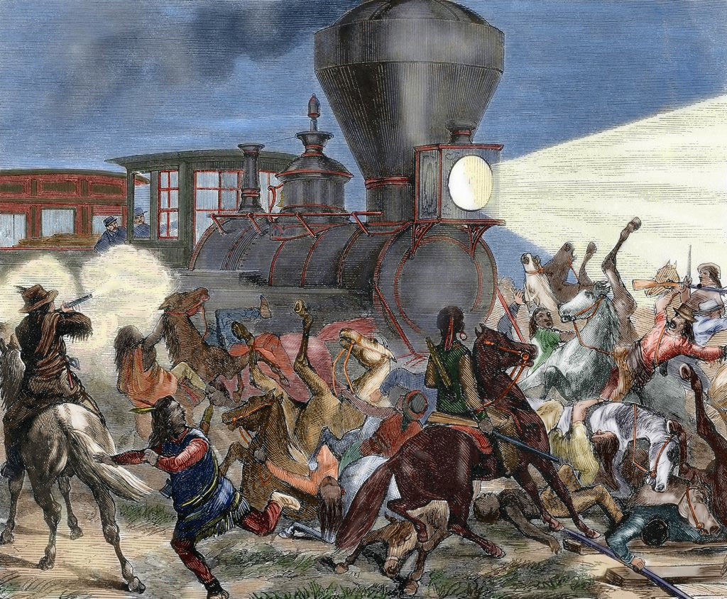Detail of Union Pacific train attacked by Indians. USA by Anonymous