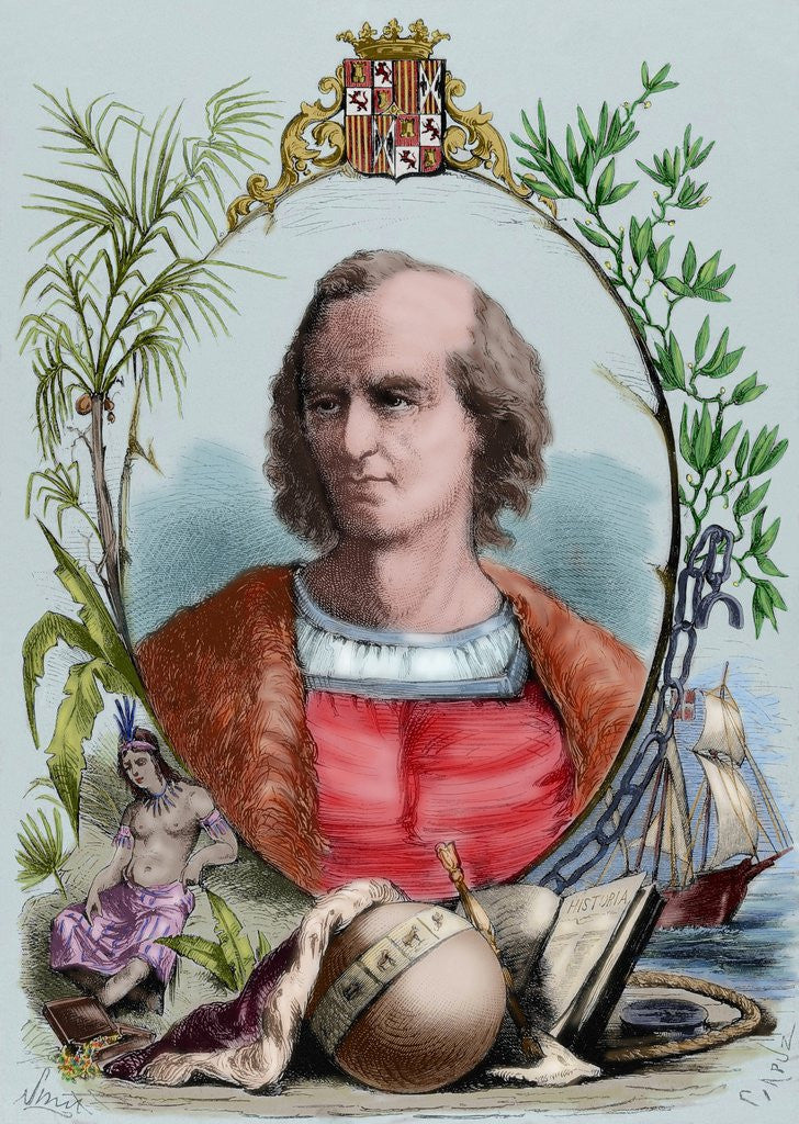 Detail of Christopher Columbus (1451-1506). Engraving. Colored by Anonymous