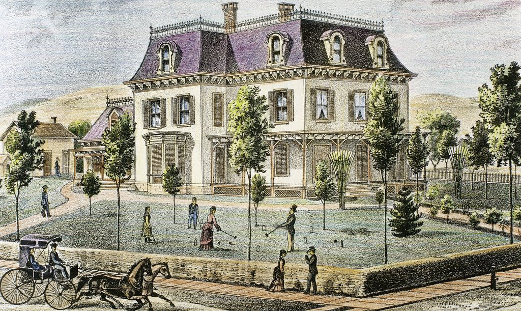Detail of Residential home with the family playing cricket by Anonymous