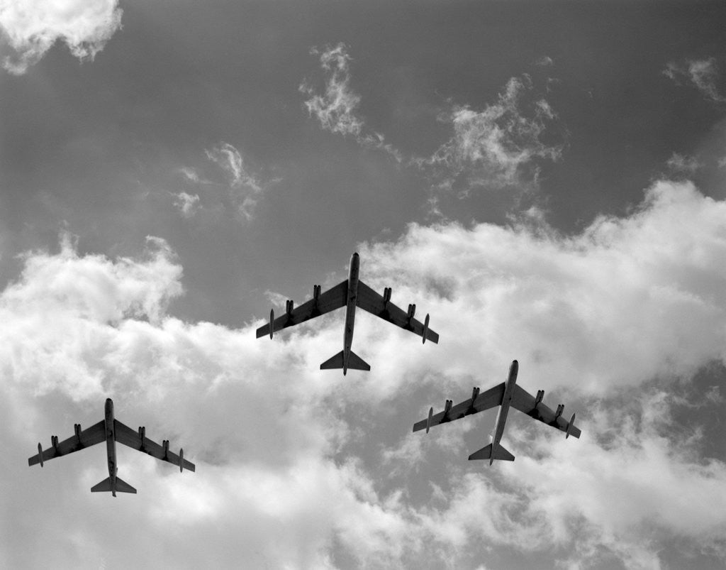 Detail of 1950s three B-52 bomber airplanes in flight formation by Anonymous