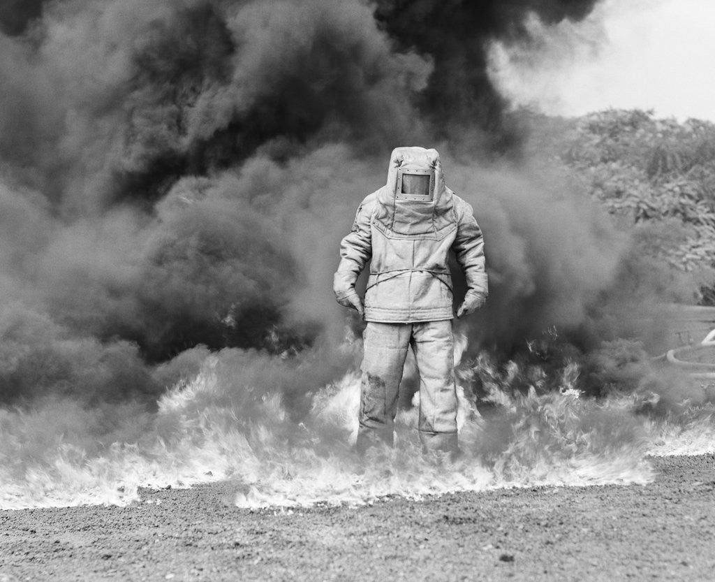 Detail of 1960s fireman in asbestos suit by Anonymous