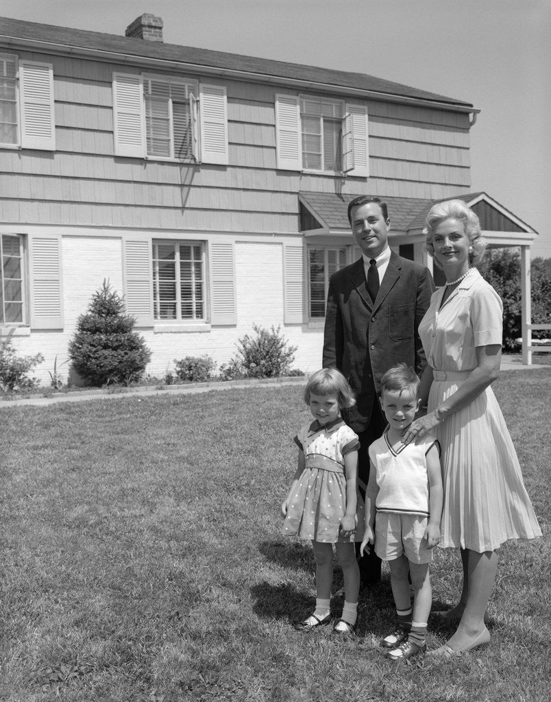 Detail of 1960s family portrait in front of suburban home by Anonymous