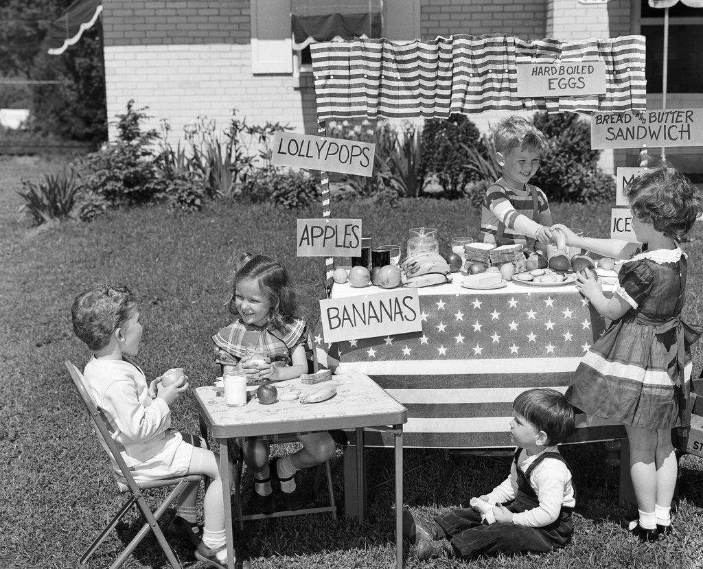 Detail of 1950s kids in backyard playing store by Anonymous