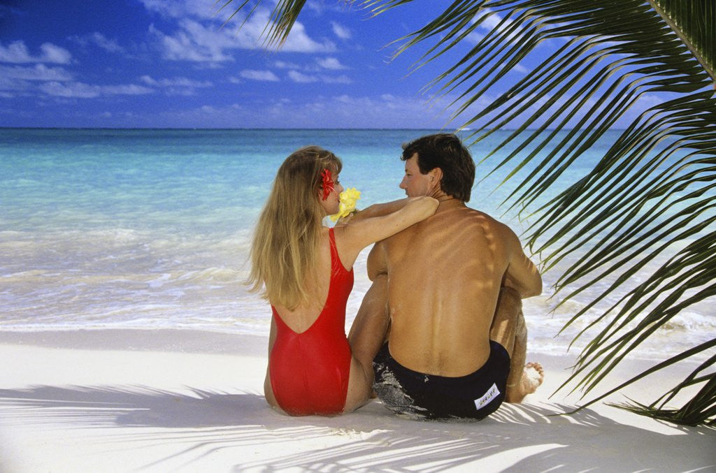 Detail of Couple On Tropical Beach With Palm Frond Ocean And Sky by Anonymous