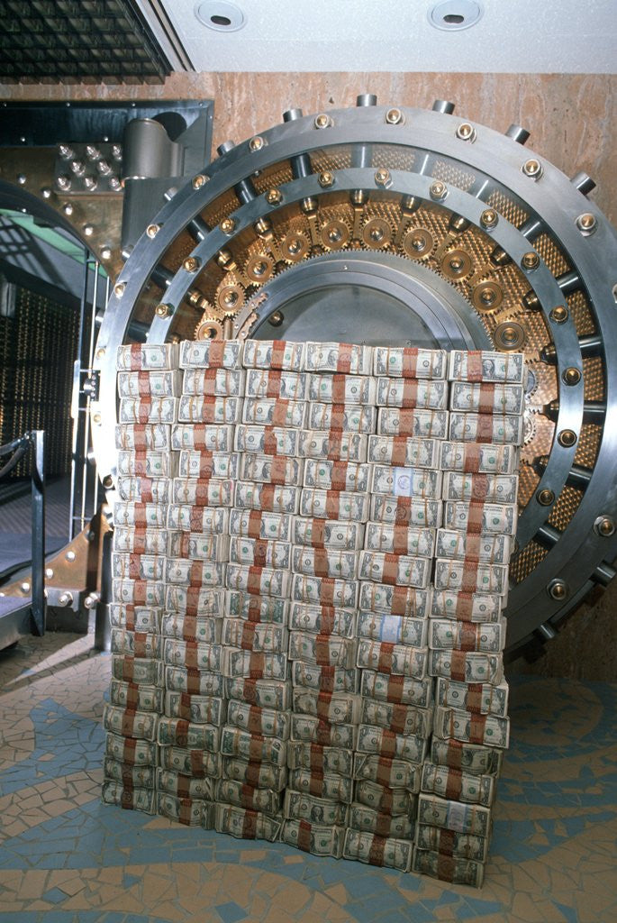 Detail of Money stacked by bank vault by Anonymous