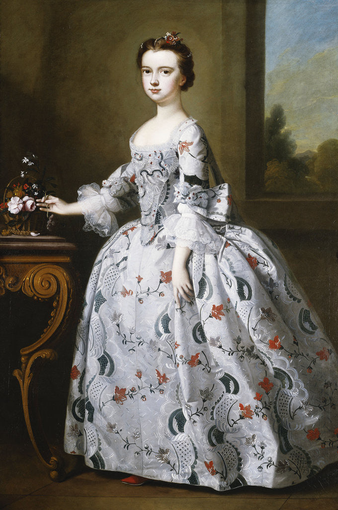 Detail of Portrait of a Girl, full-length, in a Grey Satin Dress with Elaborate Floral Embroidery, Beside a Basket of Flowers on a Table, a Wooded Landscape Beyond by Bartholomew Dandridge