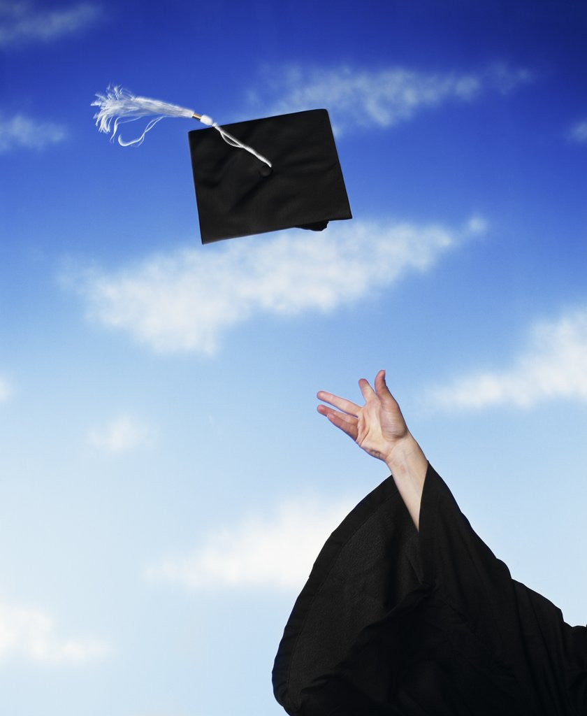 Detail of Graduate tossing mortarboard hat into the air by Anonymous