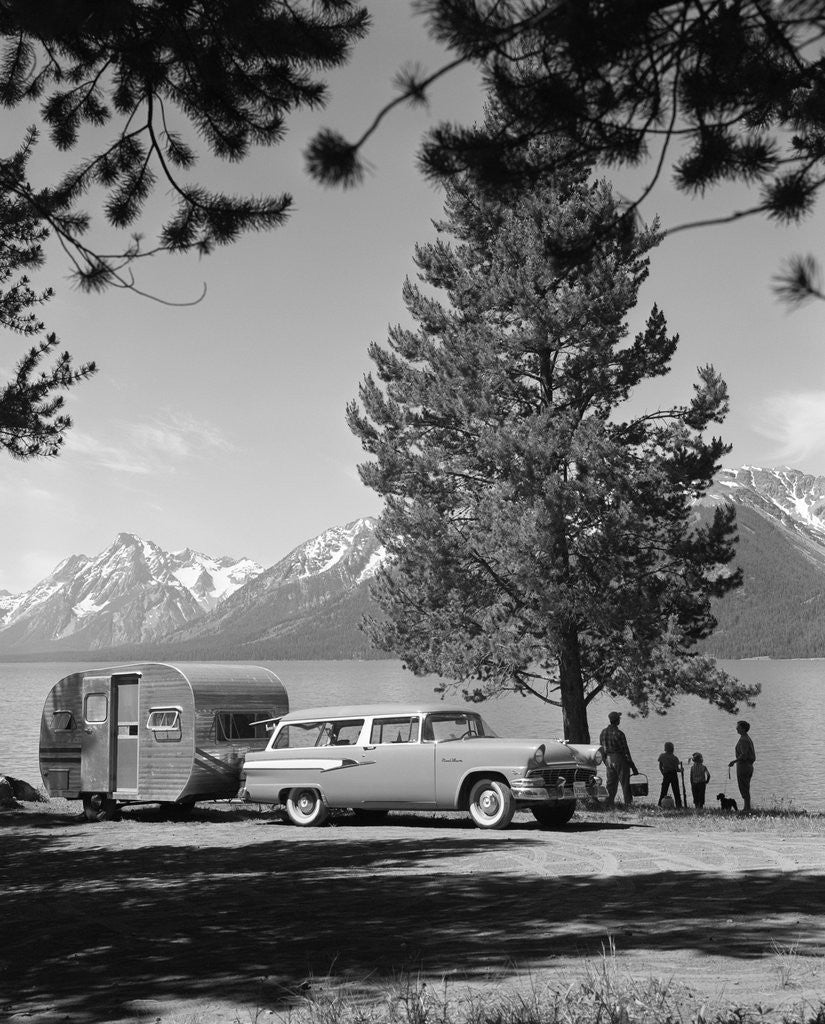 Detail of 1950s family station wagon and camper at Jackson Lake, Wyoming by Anonymous