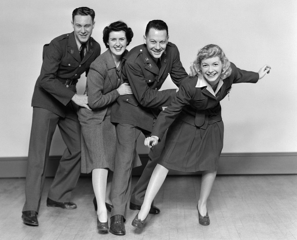 Detail of 1940s conga line with two soldiers and two women by Anonymous