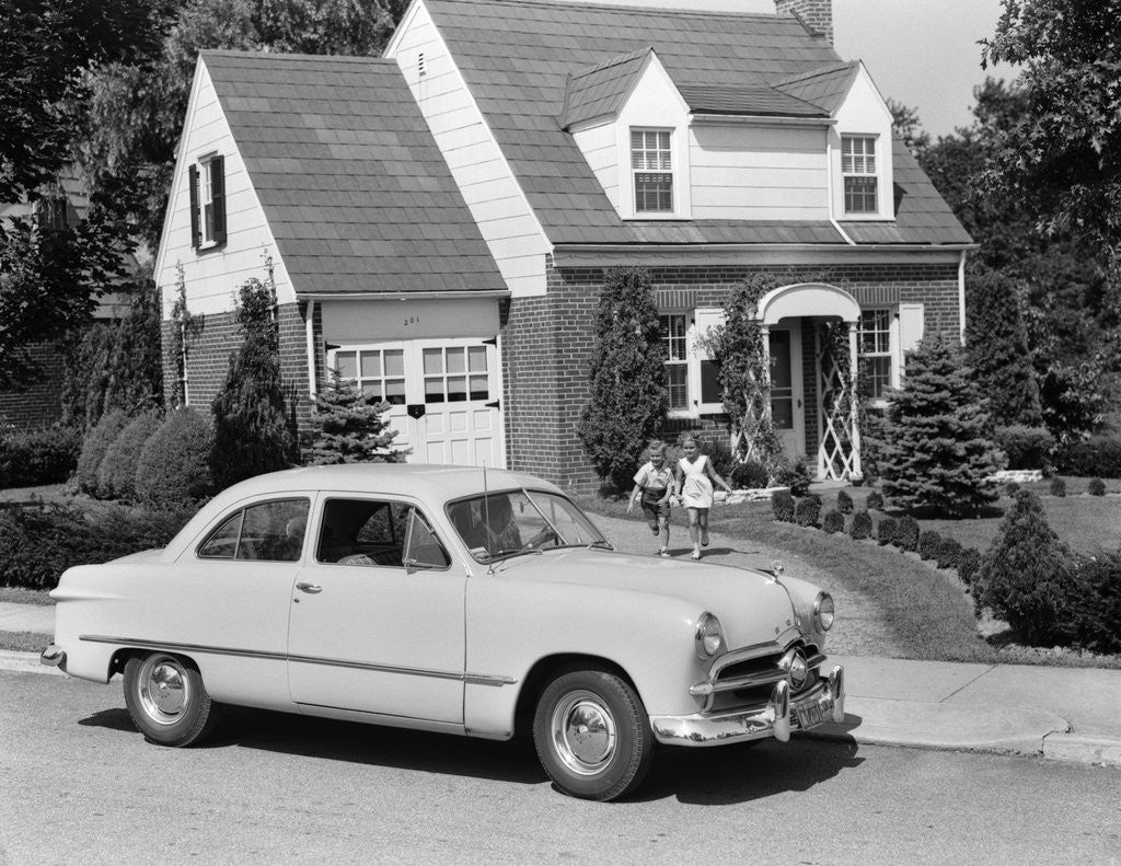 Detail of 1950s children running towards father sitting in a car by Anonymous