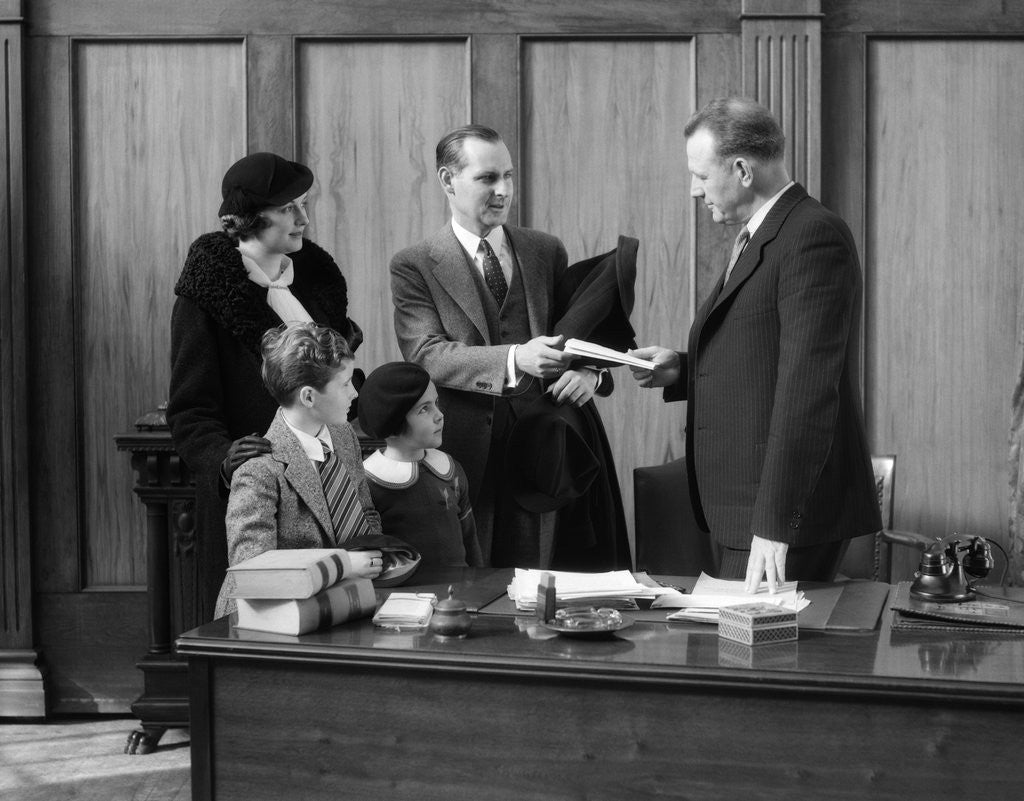Detail of 1930s family talking with an attorney or banker by Anonymous