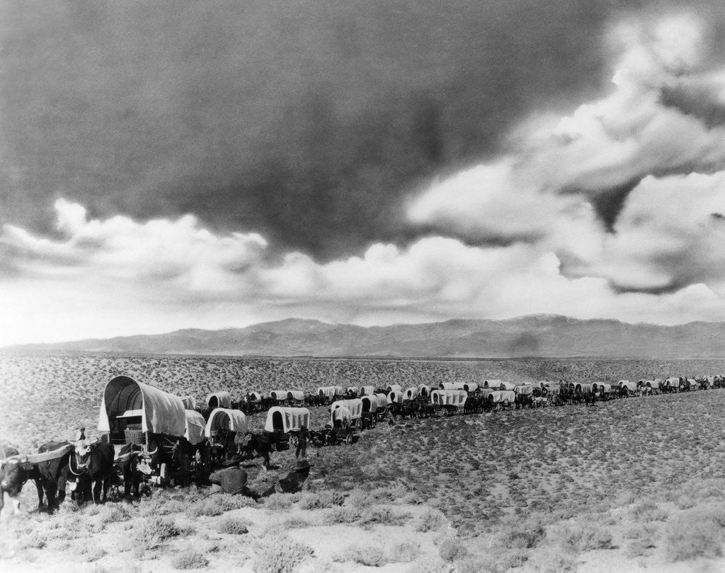Detail of 1860s 1870s line of covered wagons crossing American plains by Anonymous