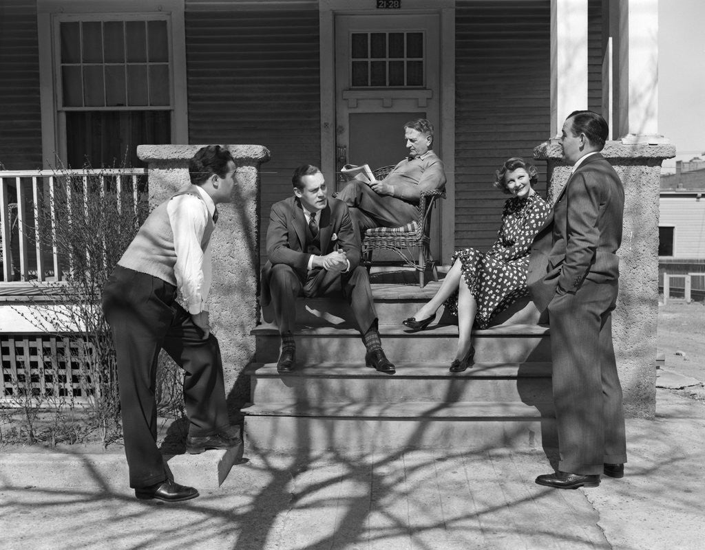 Detail of 1930s three men courting a woman on a front porch by Anonymous