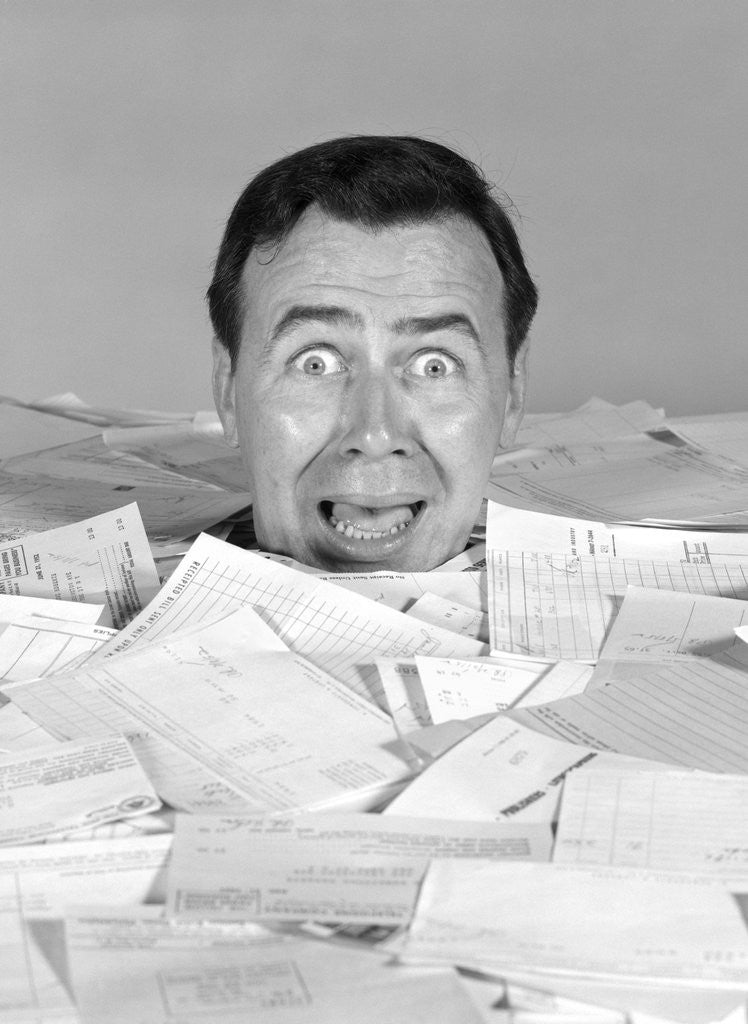 Detail of 1960s portrait of bug-eyed man buried by bills by Anonymous