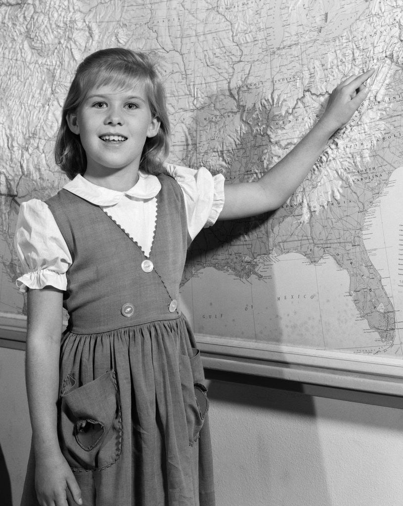 Detail of 1960s school girl pointing to map of the USA by Anonymous