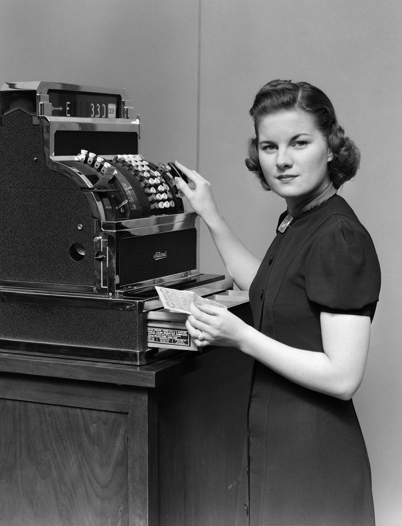 Detail of 1930s 1940s portrait of female sales clerk at a cash register by Anonymous
