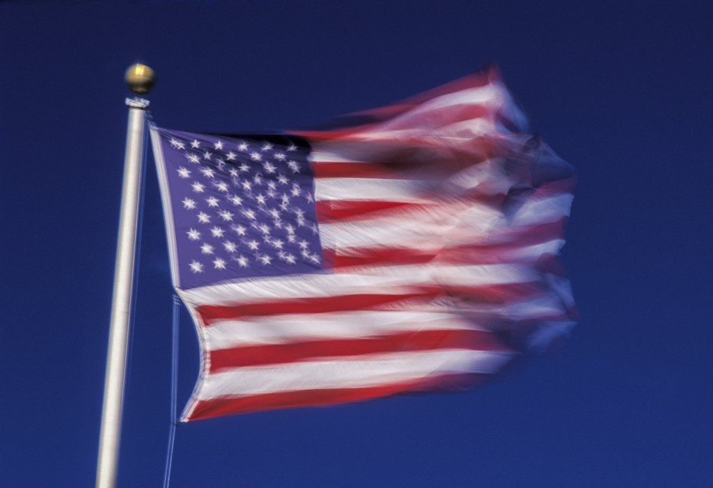 Detail of American Flag is blurred with the motion of the wind against the blue sky by Anonymous