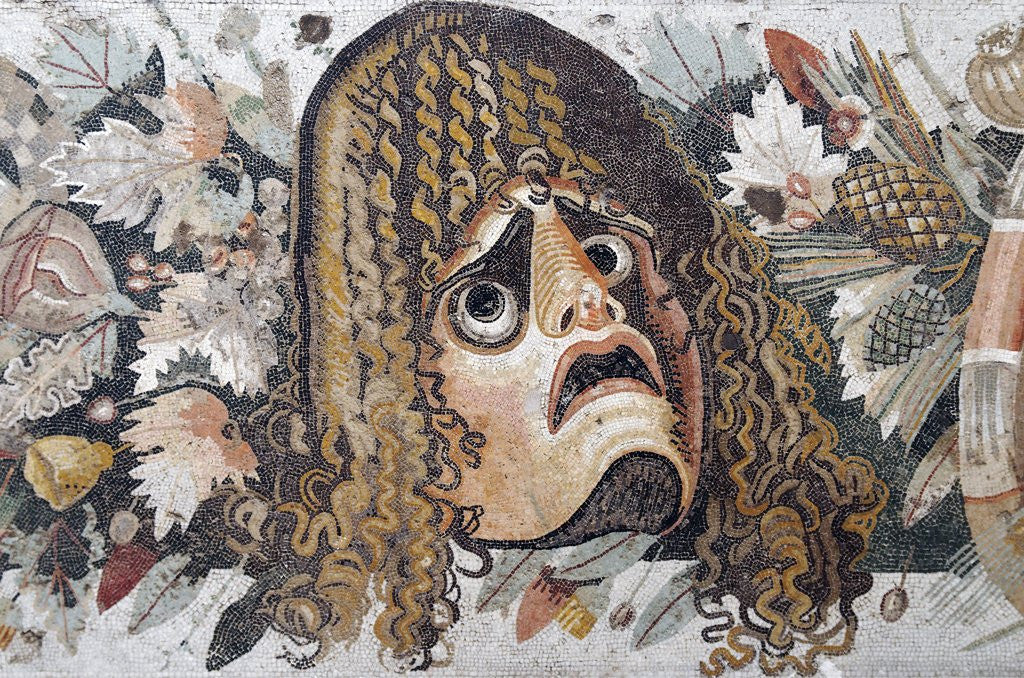 Detail of Detail of Roman mosaic depicting tragic mask with leaves and fruit by Anonymous