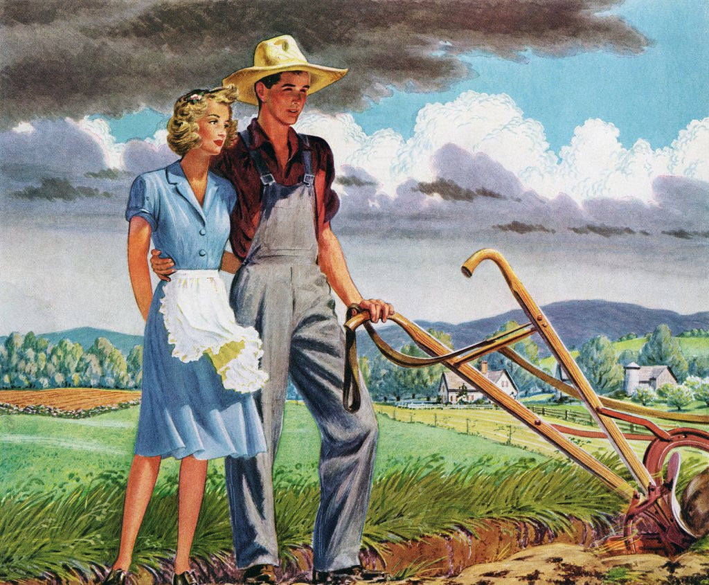 Detail of American Couple Standing with a Plow on their Rural Farm. by Corbis