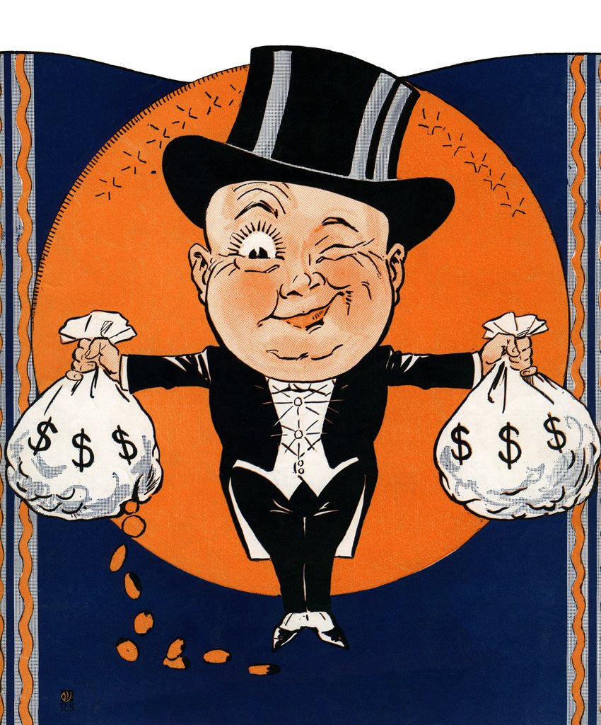 Detail of 1920's Rich Man Holding Money Bags. by Anonymous