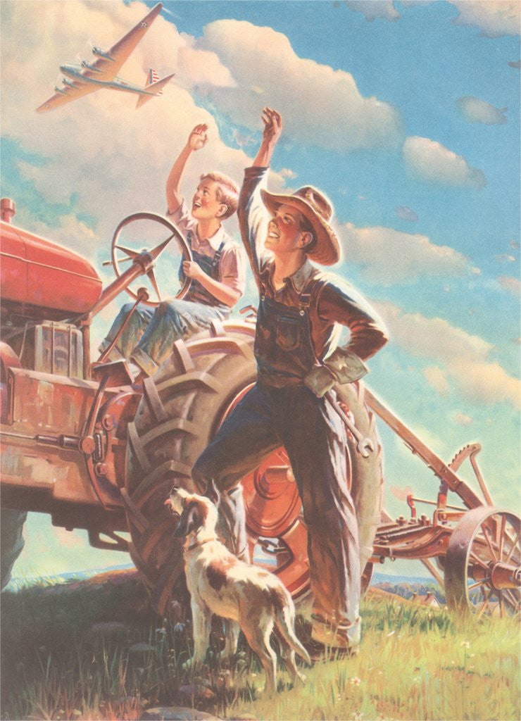 Detail of Farmer and Son Waving to Airplane by Anonymous