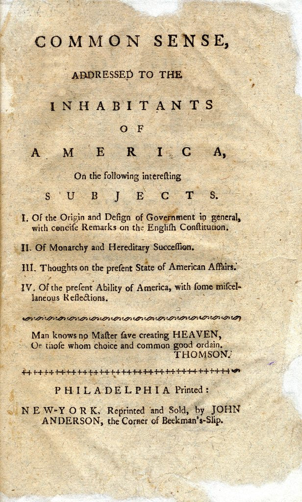 Detail of Title page from Thomas Payne's Common Sense pamphlet by Anonymous