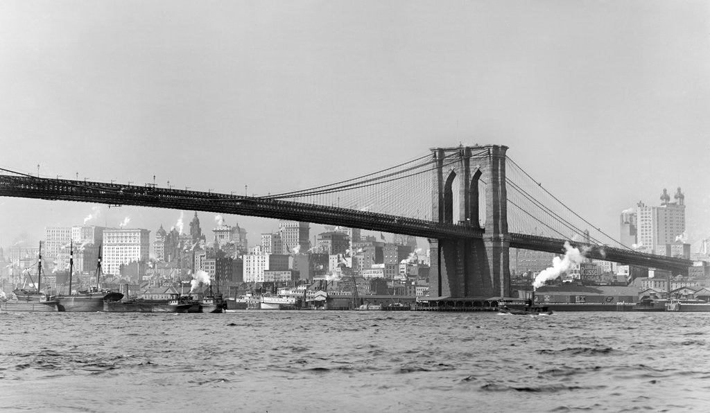 Detail of The Brooklyn Bridge spans the East River, ca. 1910. by Anonymous