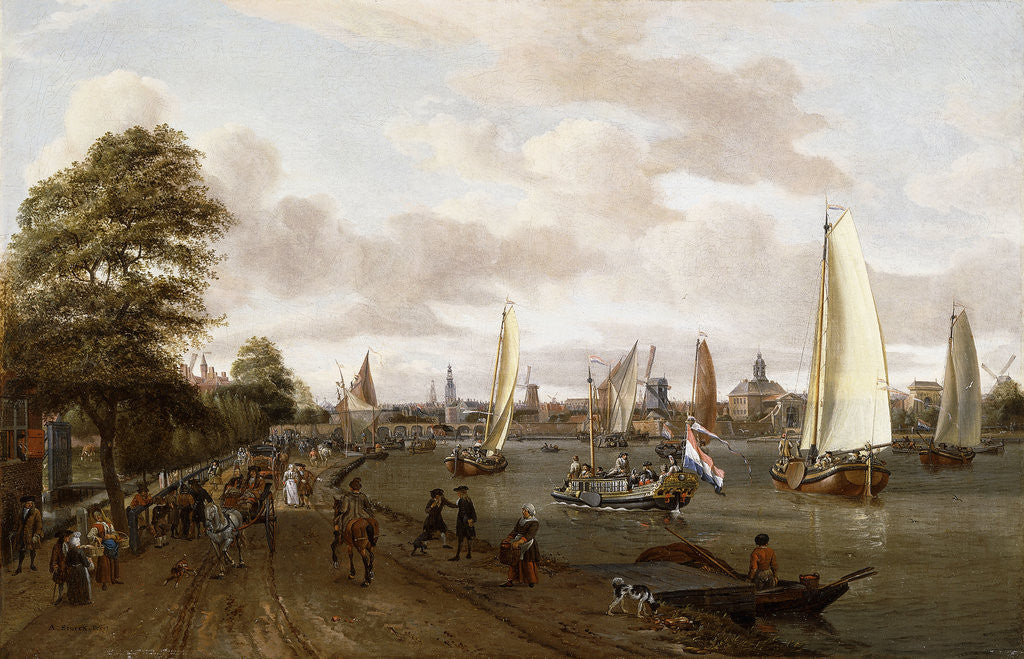 Detail of A Panoramic View of Amsterdam with a barge and smallships on the Buiten-Amstel by Abraham Storck