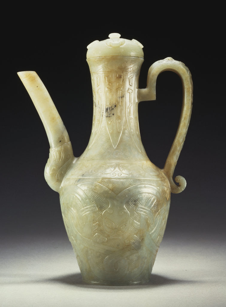 Detail of A late Ming celadon jade ewer and cover by Anonymous