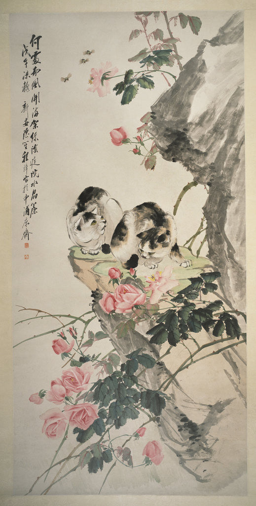 Detail of Cats on a Rock with Roses by Cheng Zhang