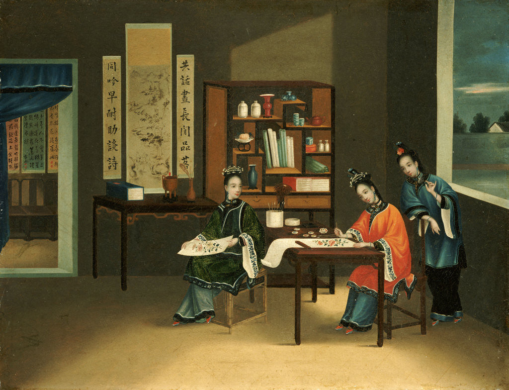 Detail of An Interior with a Woman Painting Flowers by Anonymous