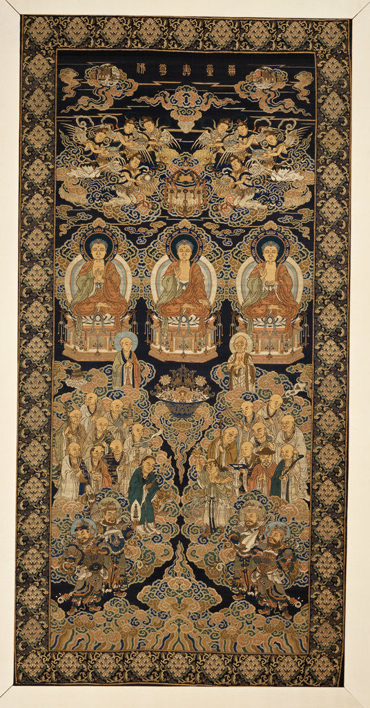 Detail of A rare silk brocade hanging of the Buddhist paradise, Lampas, with the Buddha in three mudras, representing the Past, Present and Future above Eighteen Luohans by Anonymous