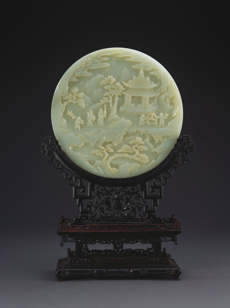 Detail of A white jade circular table screen depicting scholars approaching a pavilion by Anonymous
