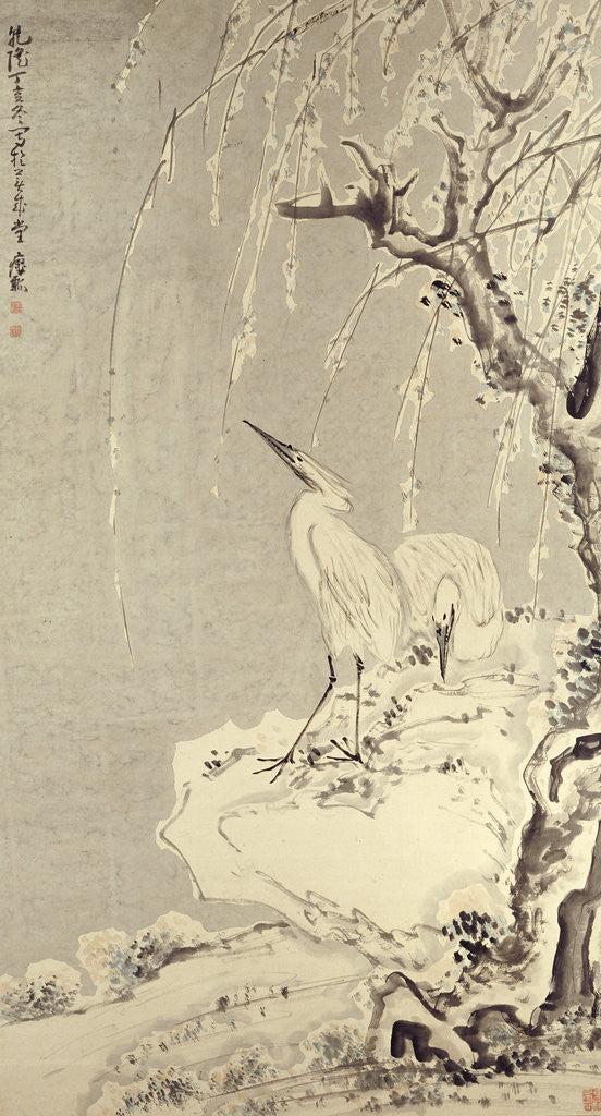 Detail of White Egrets on a Bank of Snow Covered Willows by Huang Shen