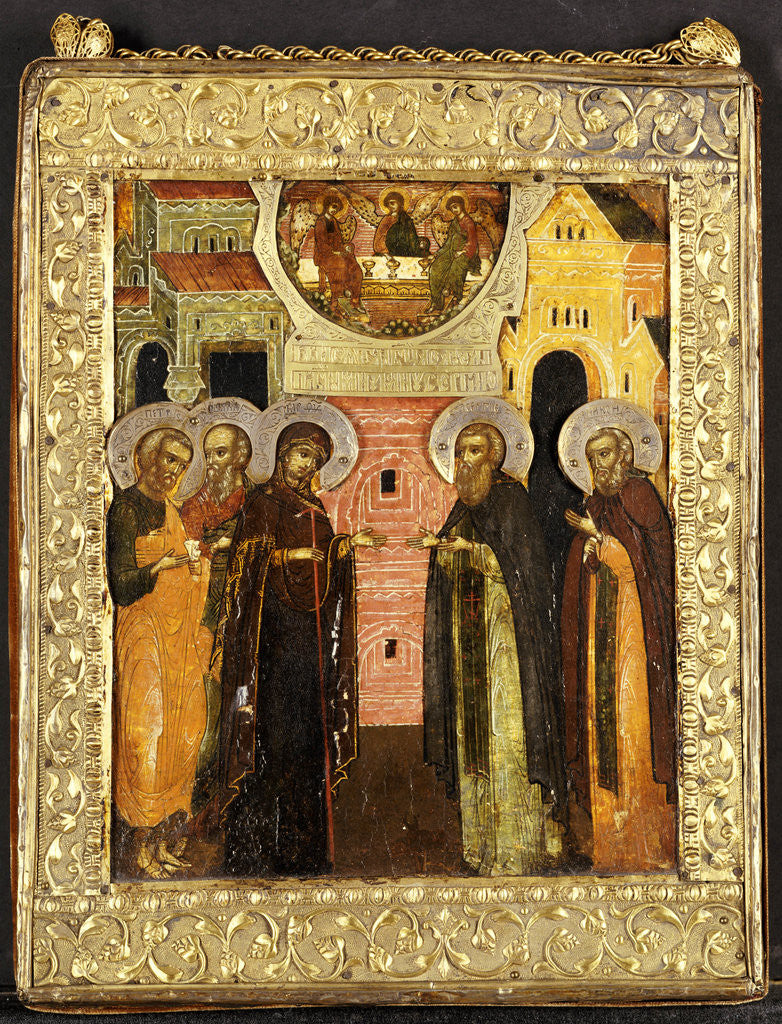 Detail of The Appearance of the Holy Mother of God to Saints Sergei and Nikon, Depicted full length, in Front of an Architectural Facade, with the Old Testament Trinity Above by Anonymous