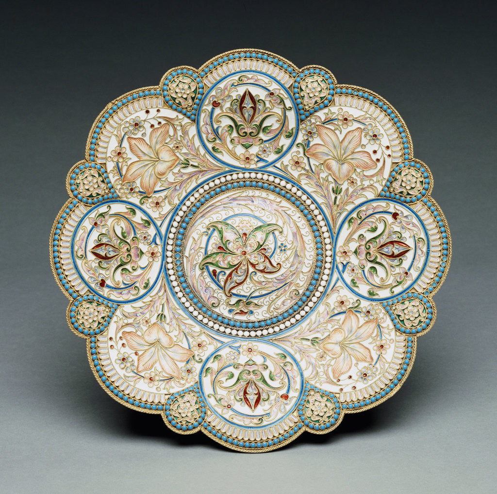 Detail of An overhead view of a shaded enamel silver-gilt tazza, the base bearing an engraved Faberge mark by Anonymous