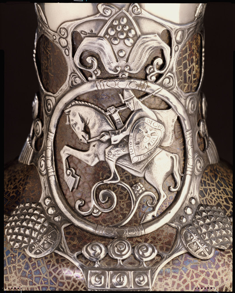 Detail of Detail from a Faberge Russian Pan-Slavic style silver-mounted art pottery vase depicting a mounted knight in armour by Anonymous