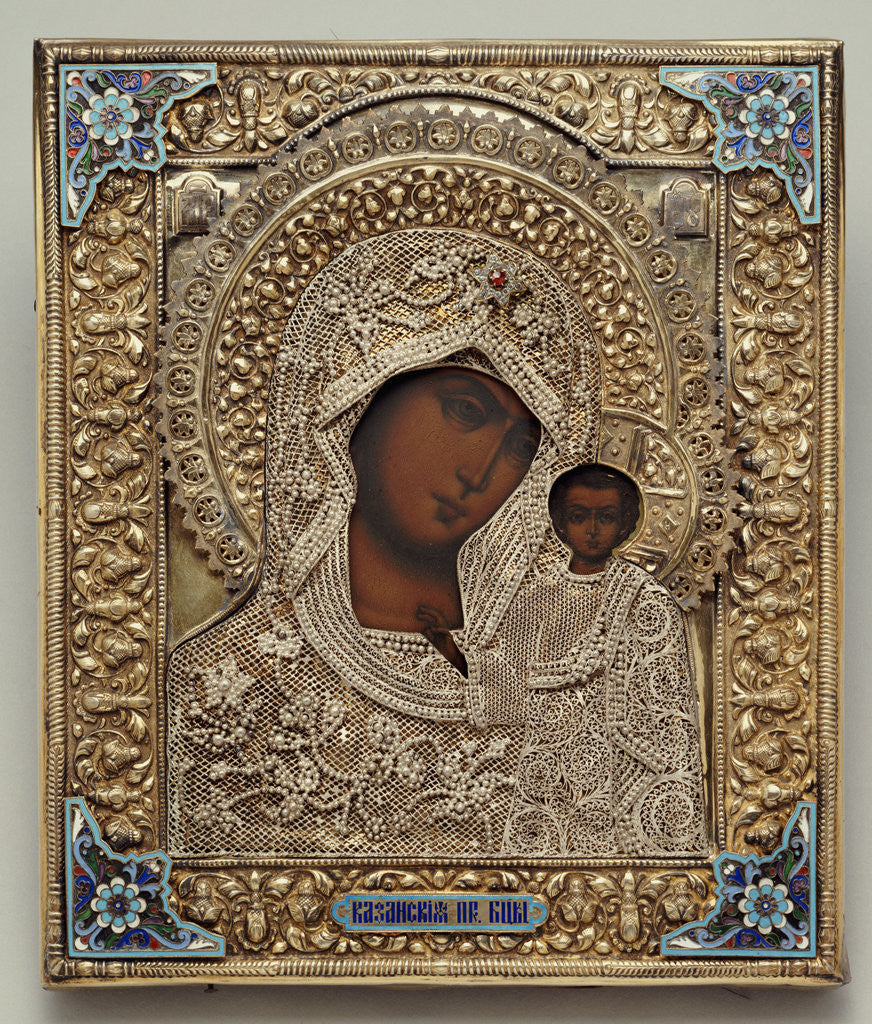Detail of An enamel and silver-gilt icon of the Virgin Kazanskaya, the oklad marked Moscow by Anonymous