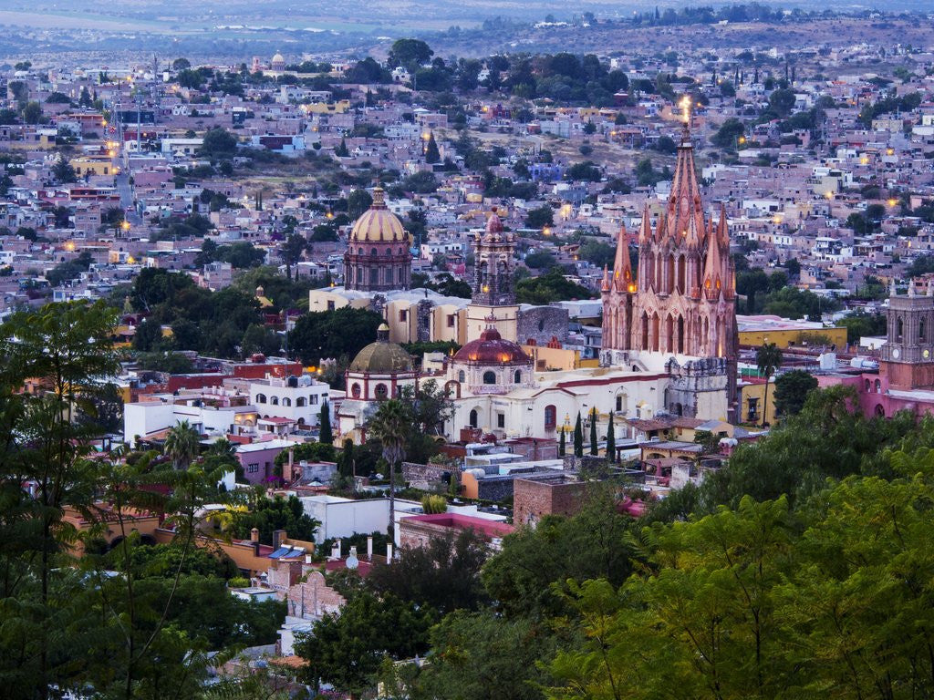 Detail of Evening City View from above City with Parroquia Archangel Church San Miguel de Allende by Anonymous