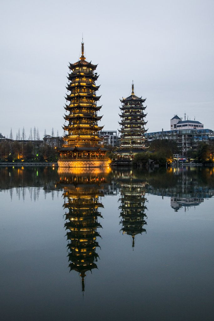 Detail of Sun and Moon Pagodas located on Banyan Lake, Guilin, China by Anonymous
