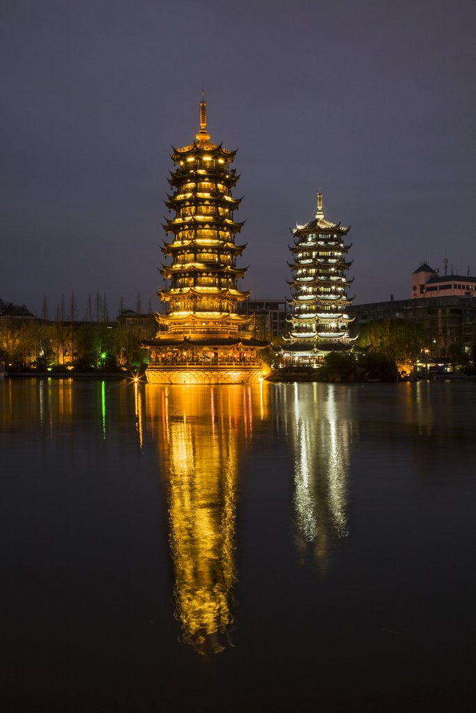 Detail of Sun and Moon Pagodas located on Banyan Lake, Guilin, China by Anonymous